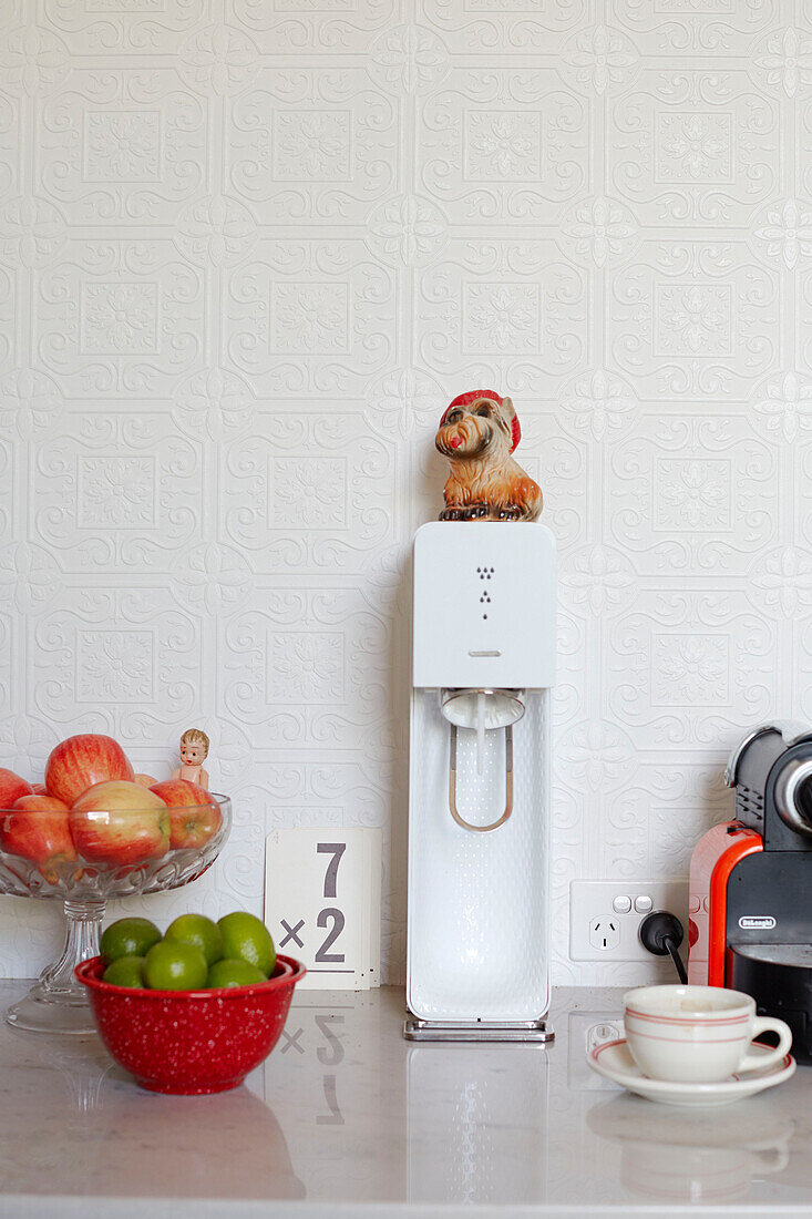 Fruit bowls and soda stream with dog figurine in Auckland kitchen North Island New Zealand