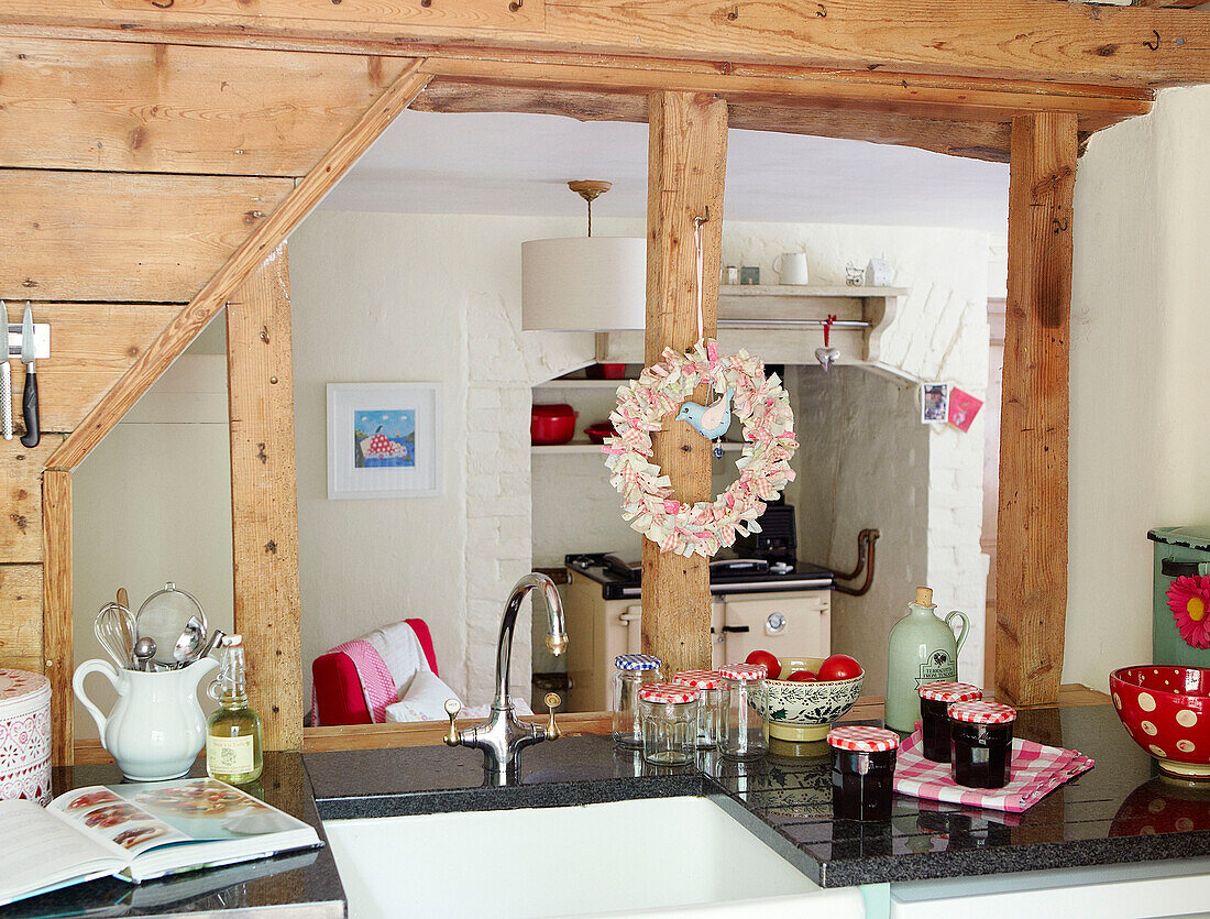 Kitchen detail in renovated timber-framed Devonshire cottage UK