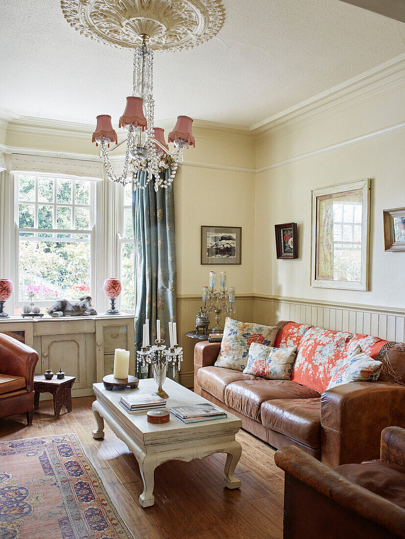 Brown leather sofa with low coffee table in Whitley Bay living room Tyne and Wear England UK