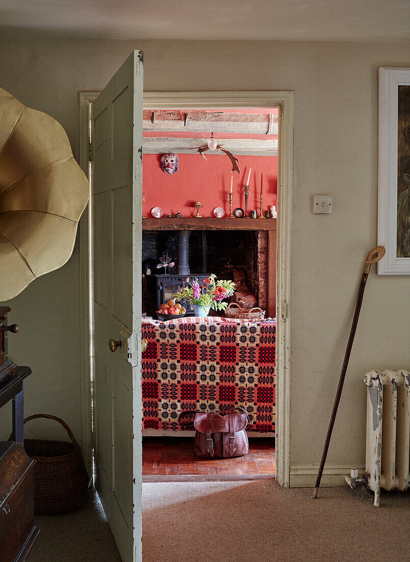 Gramophone and view through doorway in Powys cottag,e Wales, UK