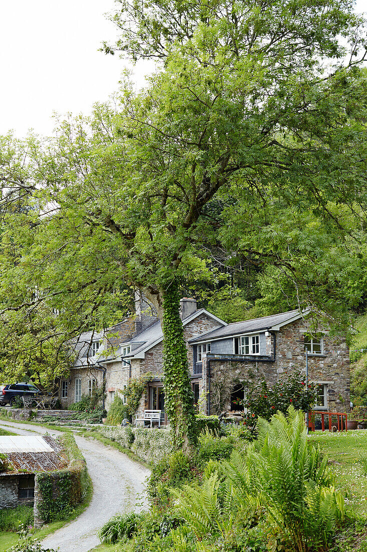 Freistehendes Steinhaus mit Einfahrt im ländlichen Devon, UK