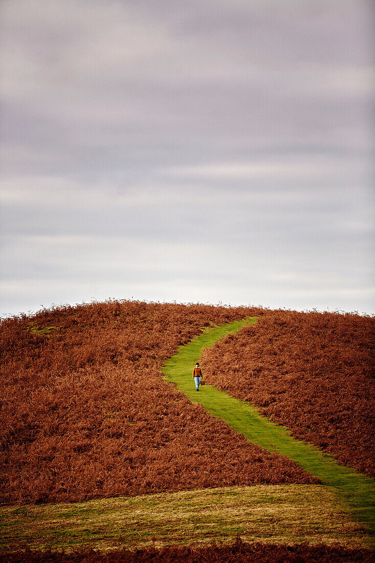 Frau am Hang des Offa's Dyke Path in Gladestry an der Grenze zu Südwales