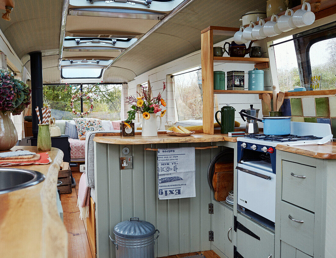 Inside The Majestic bus near Hay-on-Wye, Wales, UK