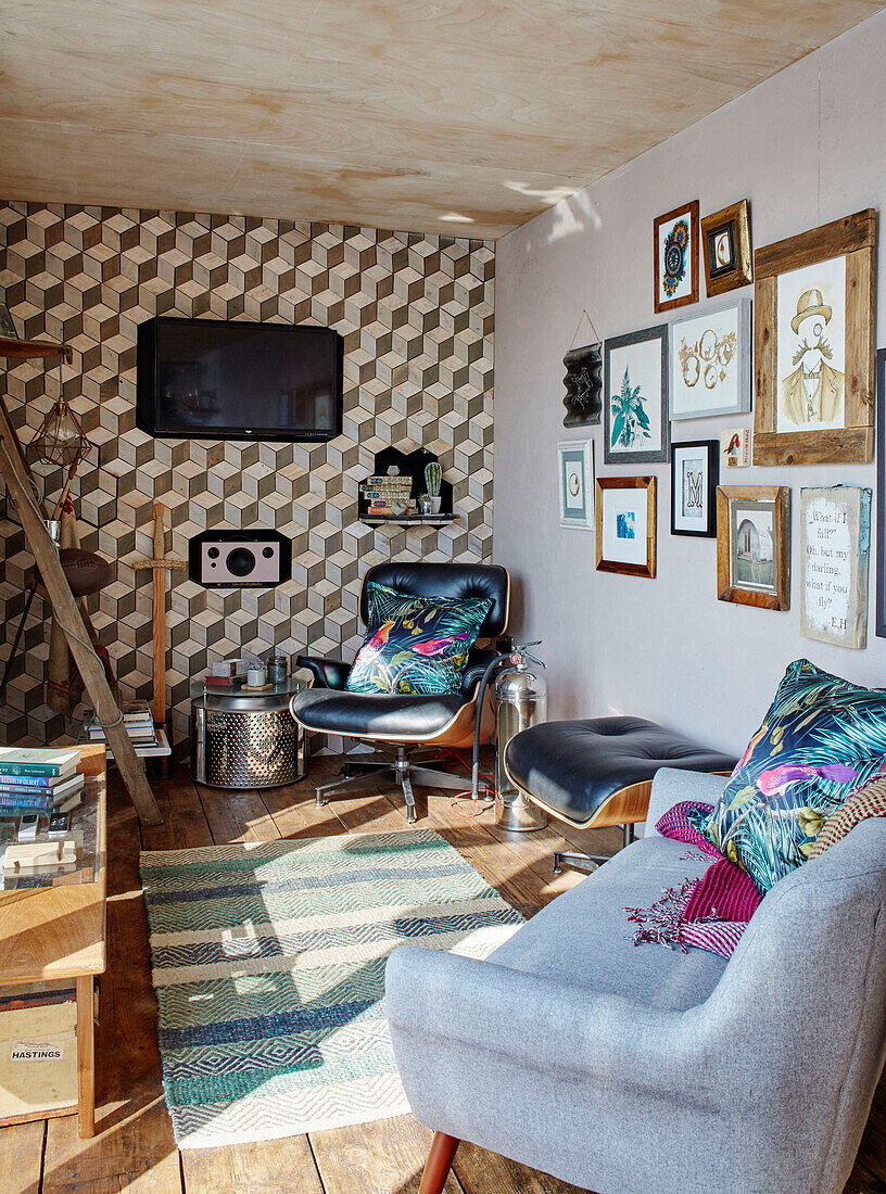 Retro style living area in converted shipping container Bedford, UK