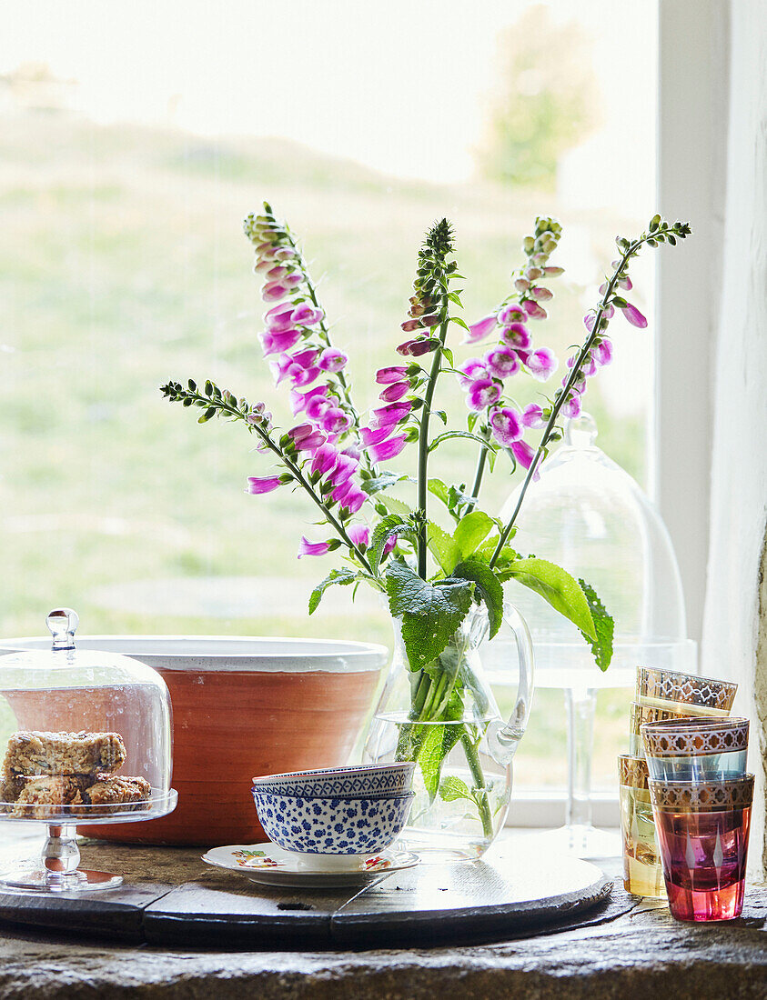 Foxgloves and tableware on sunny window in Yorkshire farmhouse, UK