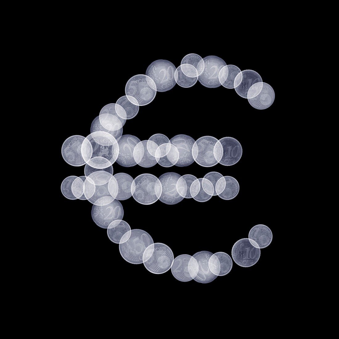 Coins forming Euro symbol, X-ray