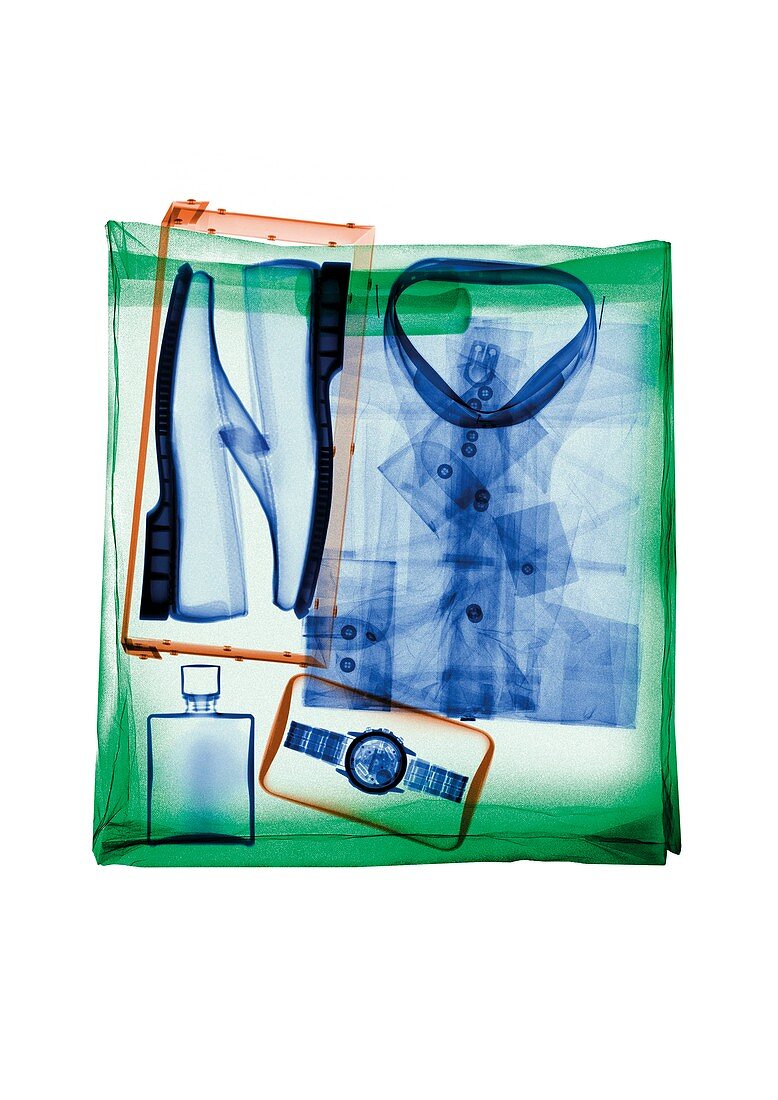 Shopping bag with clothes and shoes, X-ray
