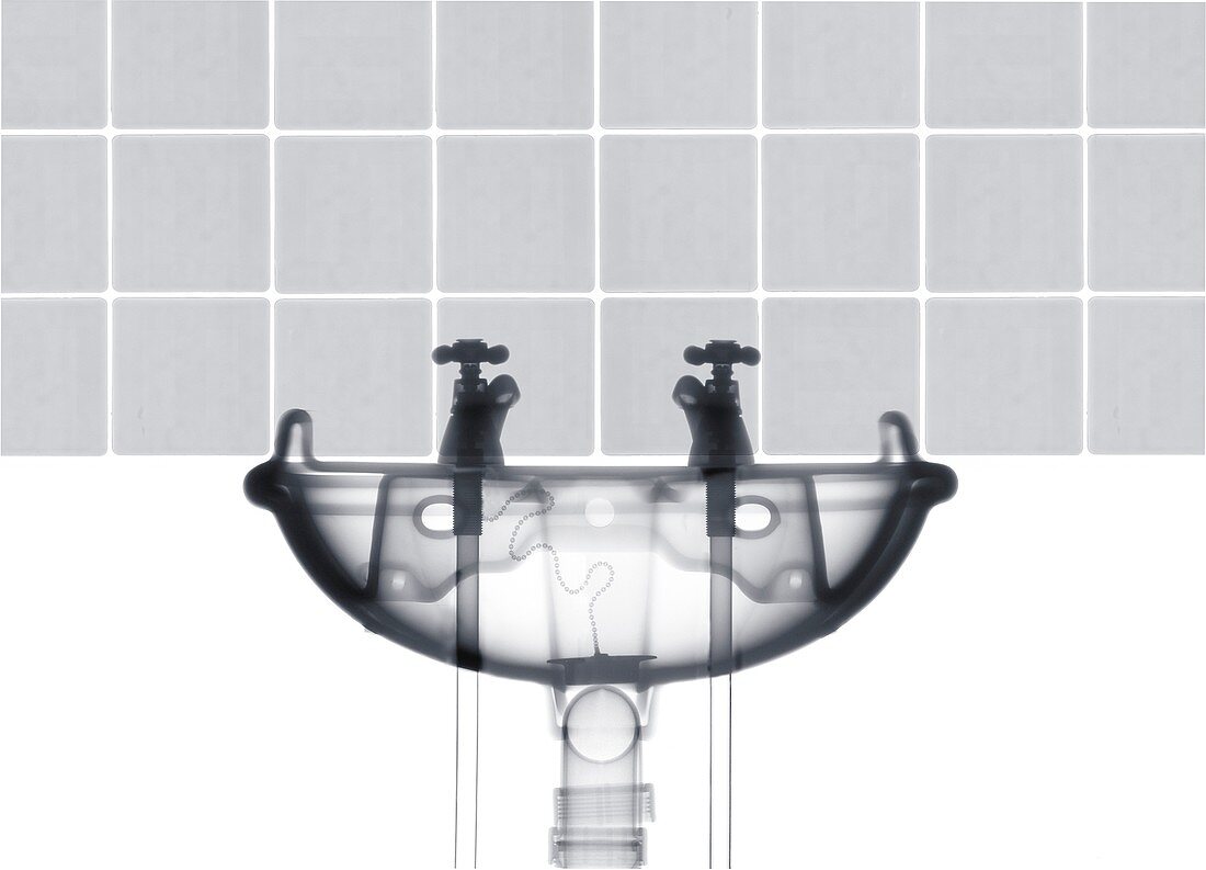 Hot and cold taps with sink and tiles, X-ray