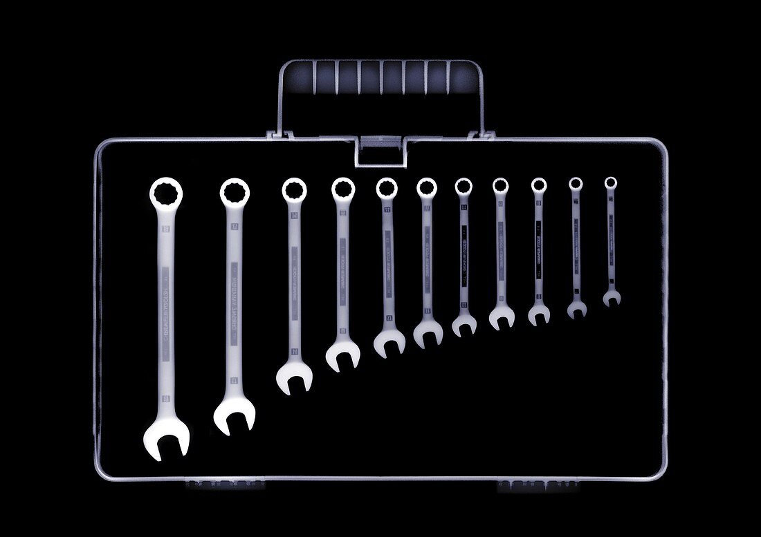 Tool box with wrenches in descending order, X-ray