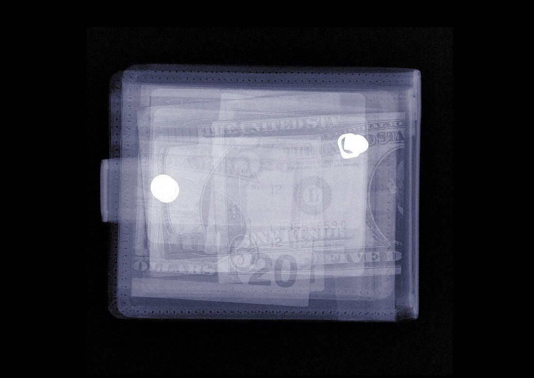 Wallet filled with US currency, X-ray