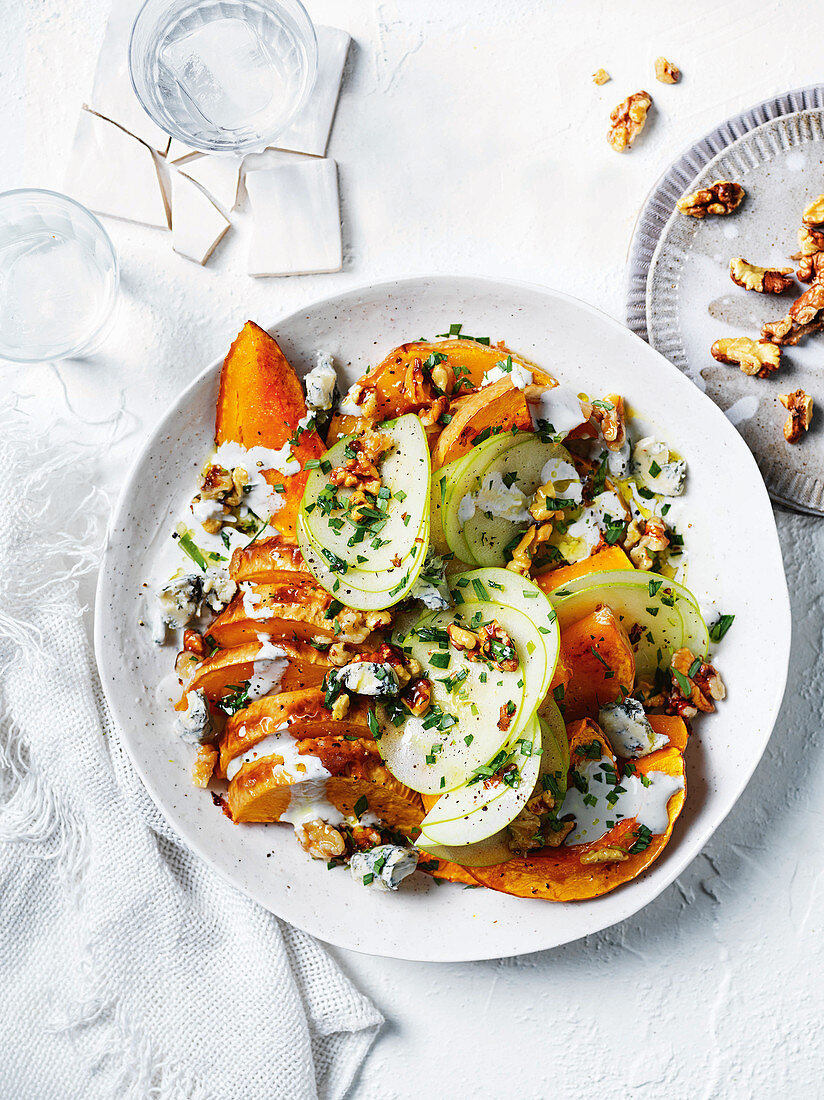 Pumpkin with blue cheese and pickled walnut salsa