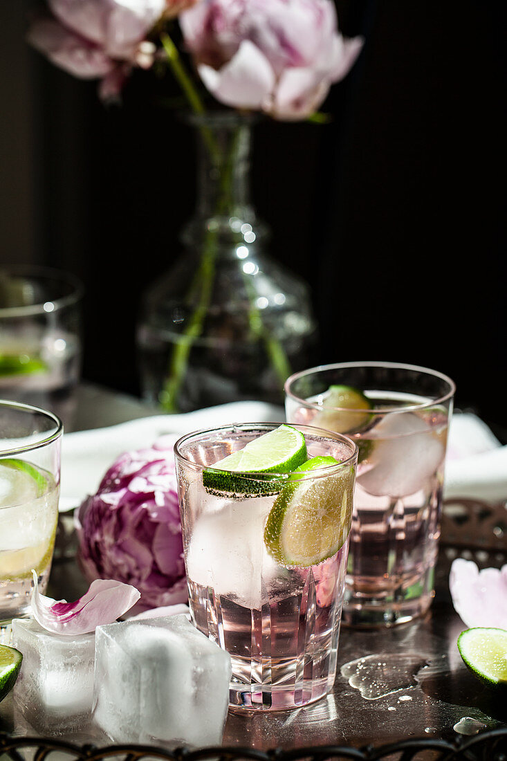 Glasses of gin and tonic with limes