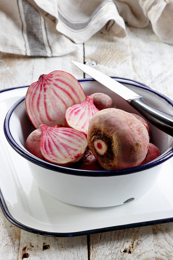 Chioggia beets, whole and halved in bowl