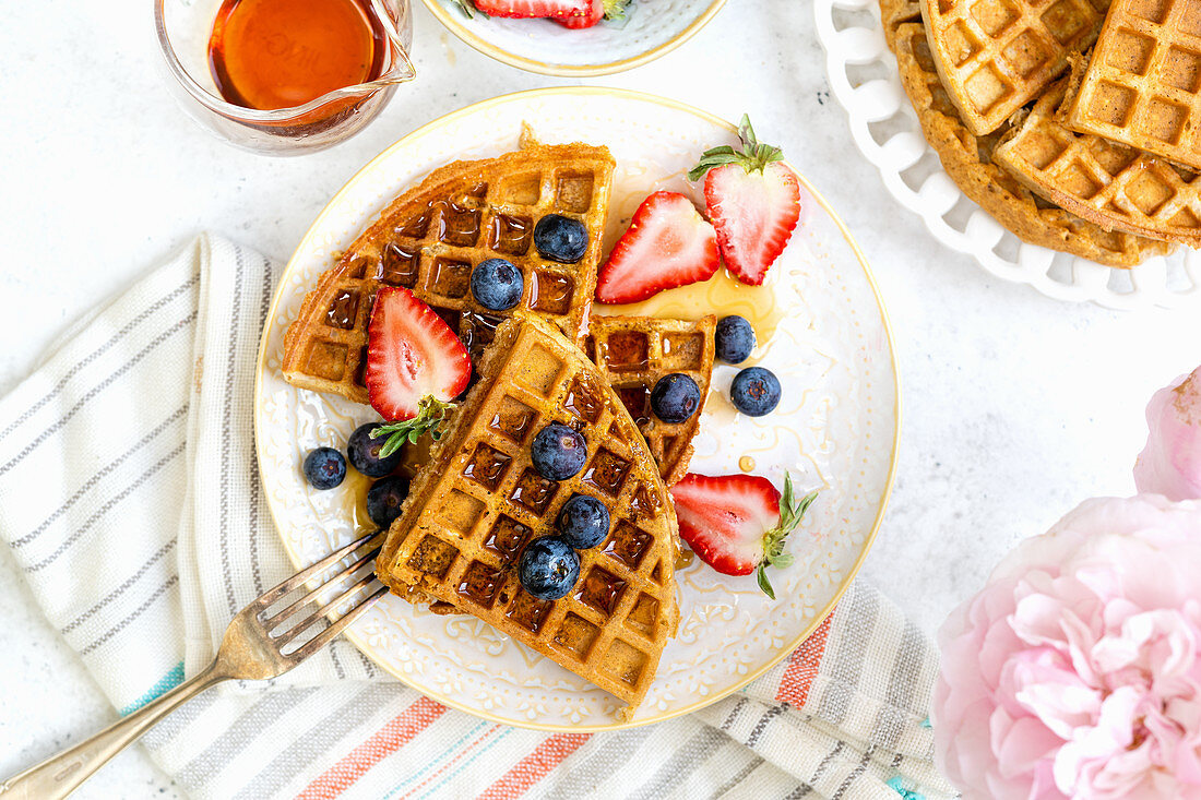 Healthy breakfast waffles with fresh berries