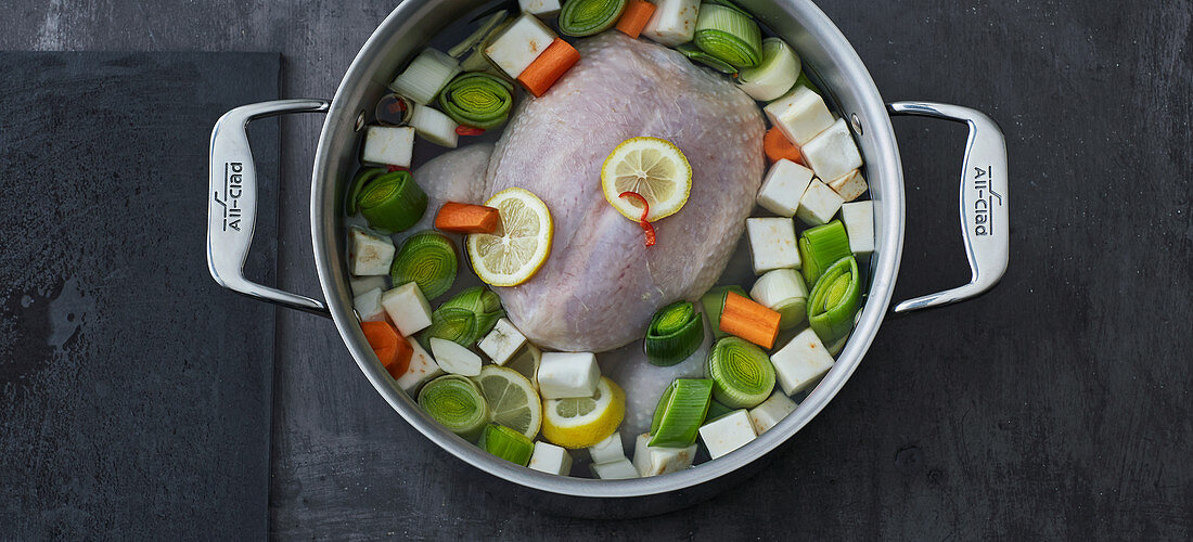 Chicken broth being made