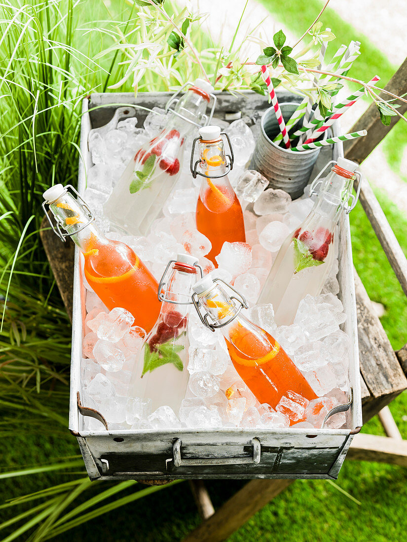 Holunderblüten-Himbeer-Mocktails und Contessa Cocktails in Flaschen für ein Picknick