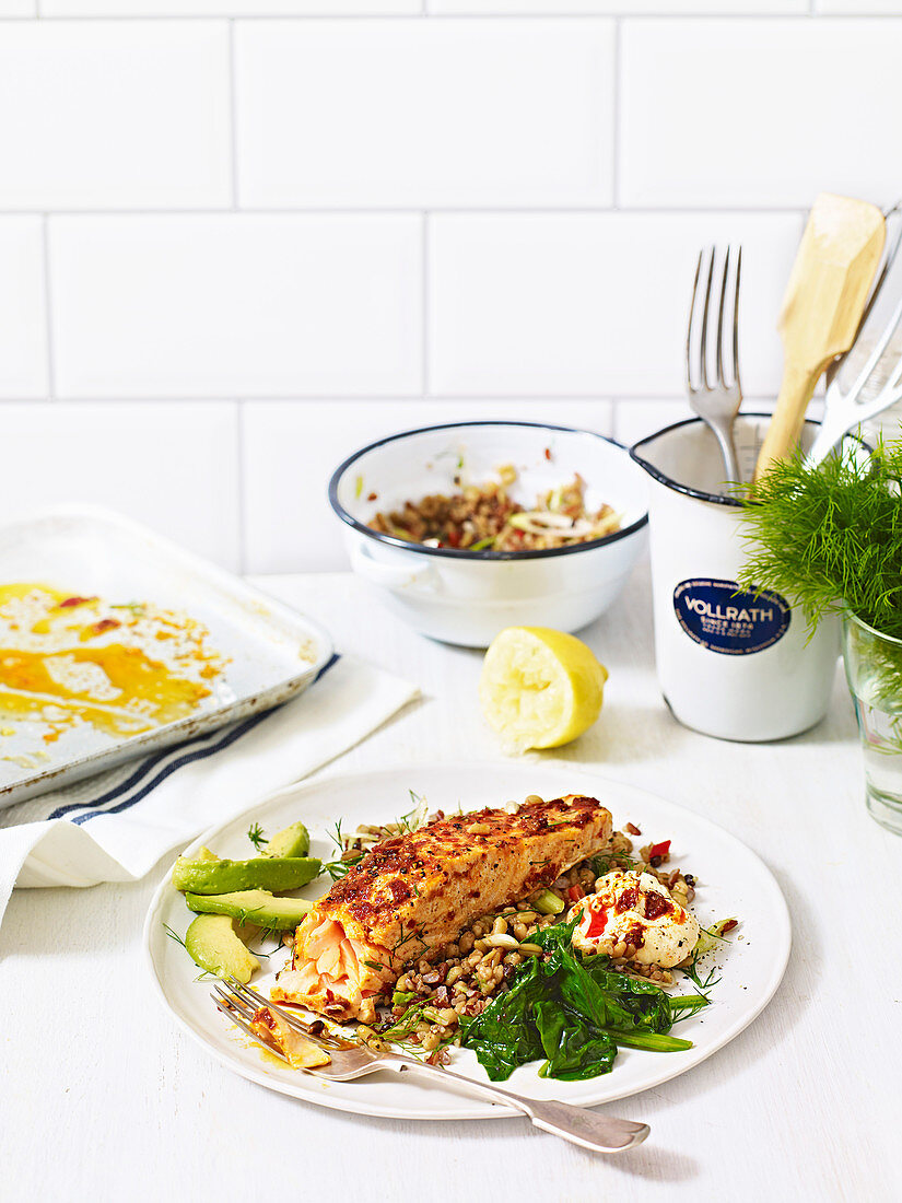 Harissa salmon with mixed gluten-free grains and spinach