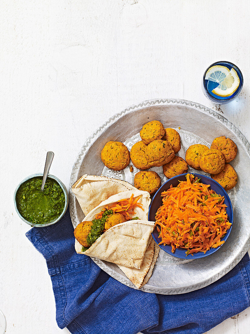 Sweet potato falafel with coriander chutney and carrot salad