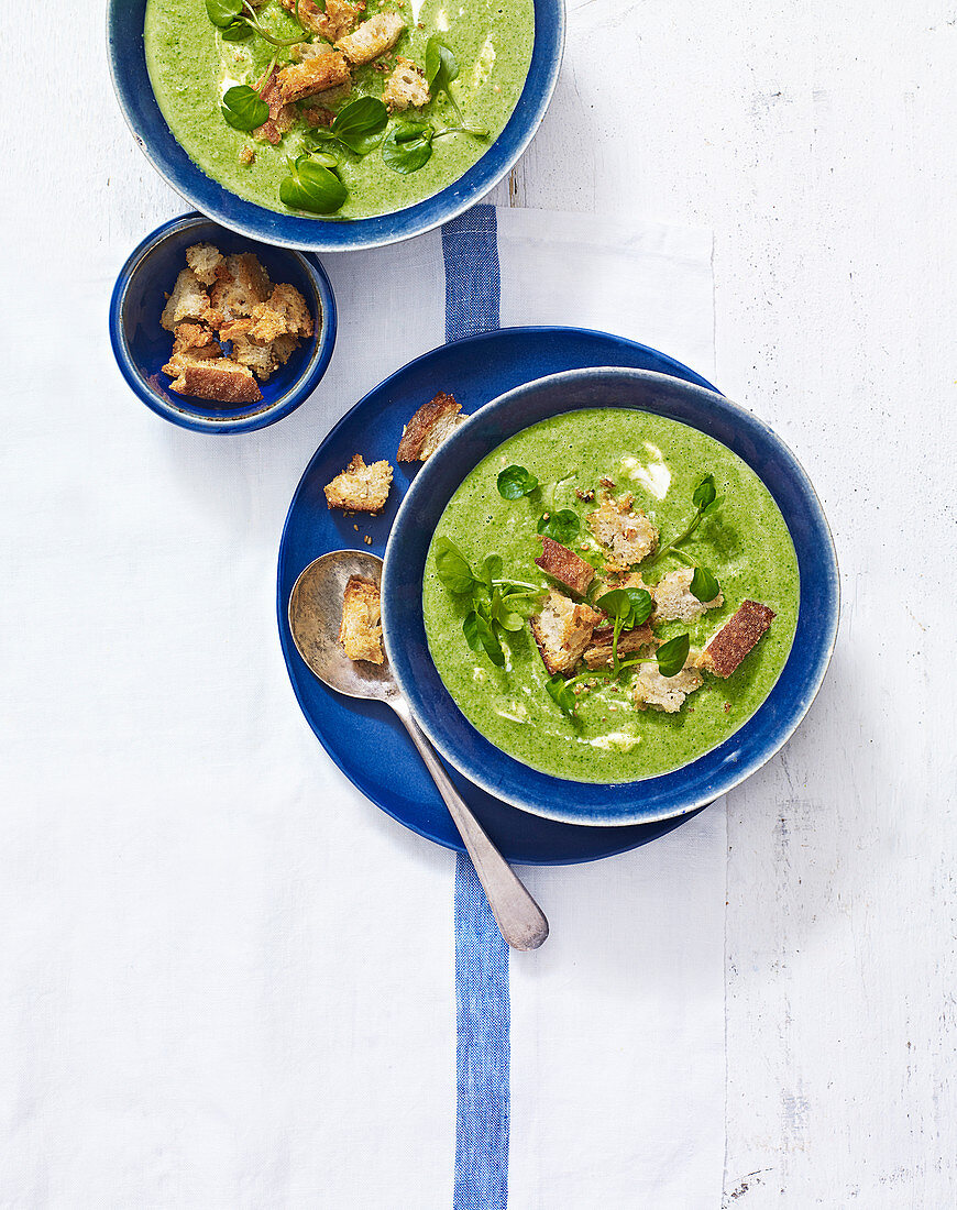 Watercress and pea soup with baked lemon and sesame croutons