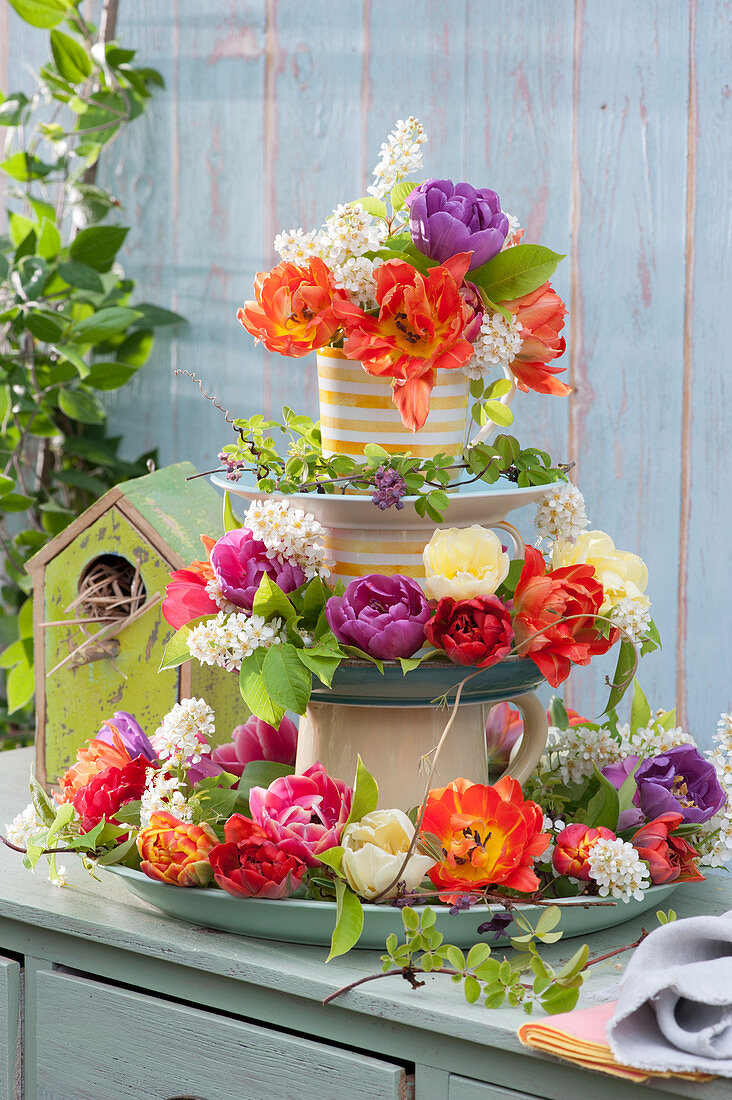 Self-made étagère with tulip blossoms, blossoms of the bird cherry and climbing cucumber tendrils