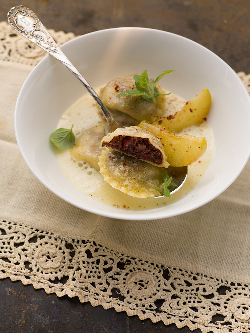 Ravioli cosa nostra with black pudding