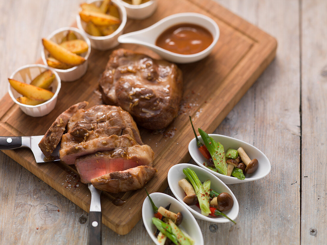 Ox steak with chips and a dip