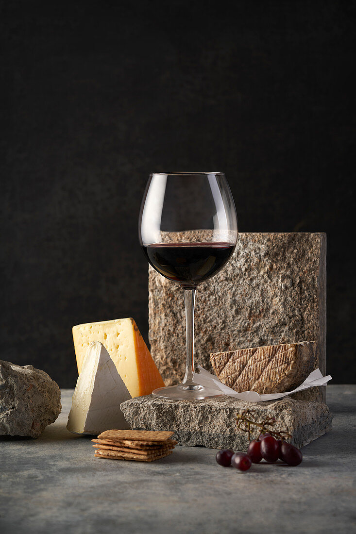 Red wine and cheese still life