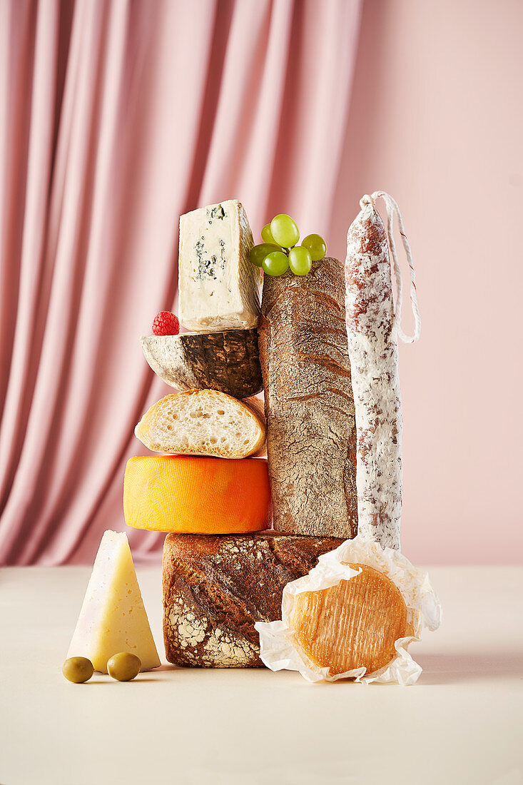 Cheese still life with salami and baguette