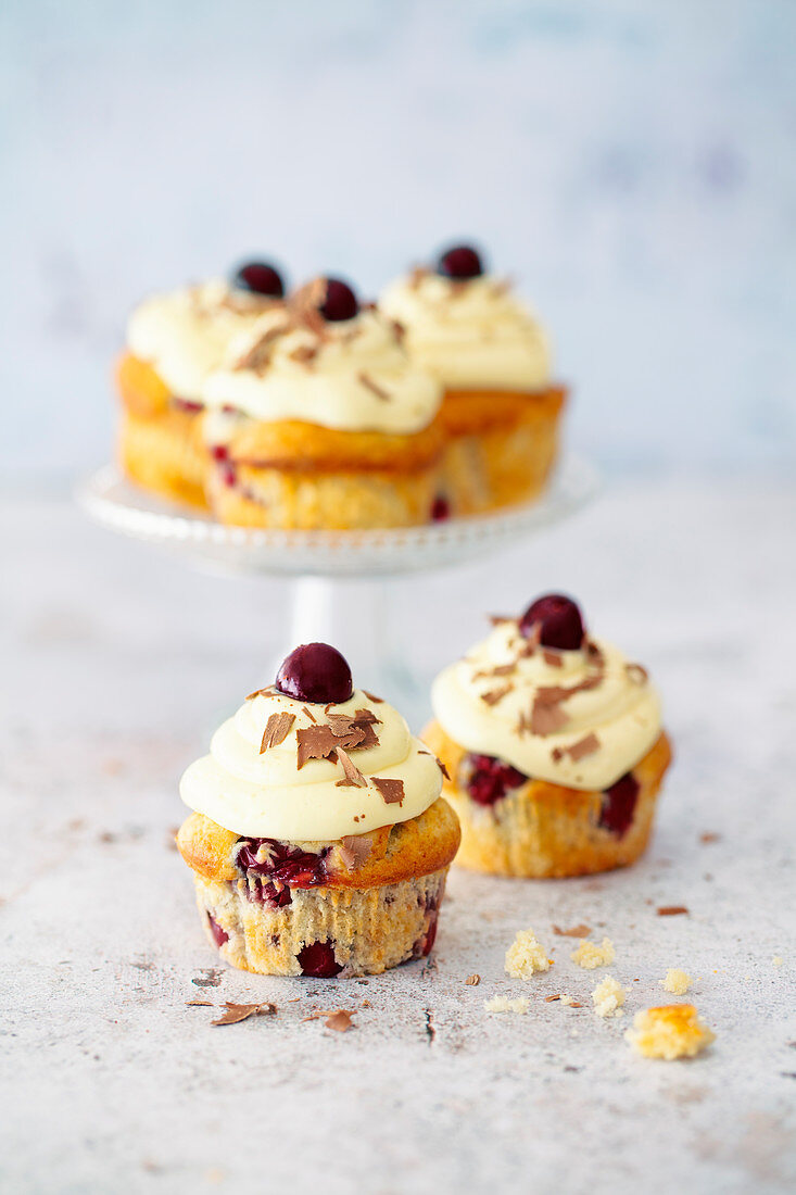Vegane Cupcakes mit Kirschen und Vanillepudding-Creme