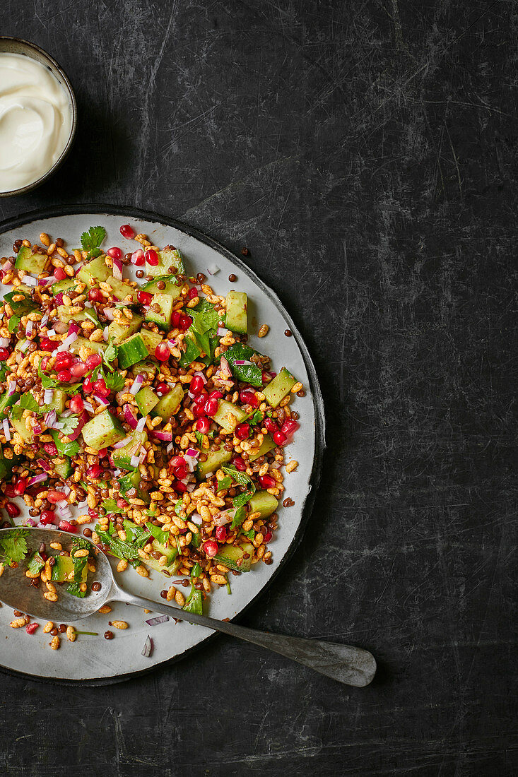 Spiced lentil, puffed rice and cucumber salad rice