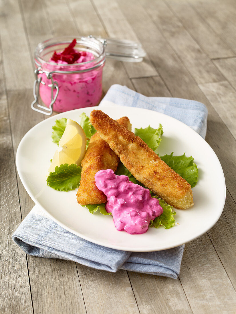 Fish fingers with a beetroot dip