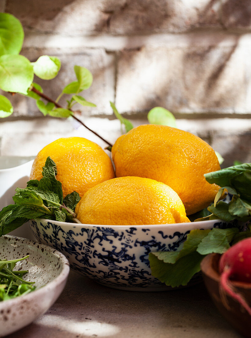 A bowl of lemons and mint, for arugula salad dressing, on an outdoor stone table
