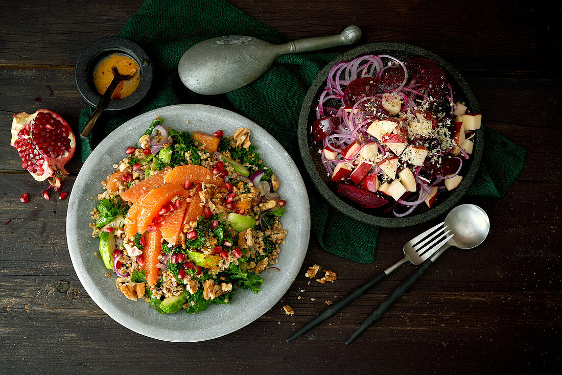 Wholegrain salad with red beets, orange and pomegranate