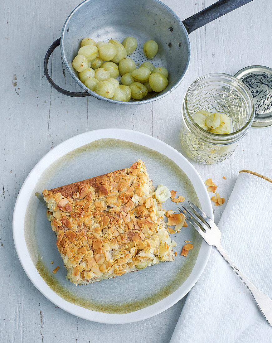 Gooseberry cake topped with florentines