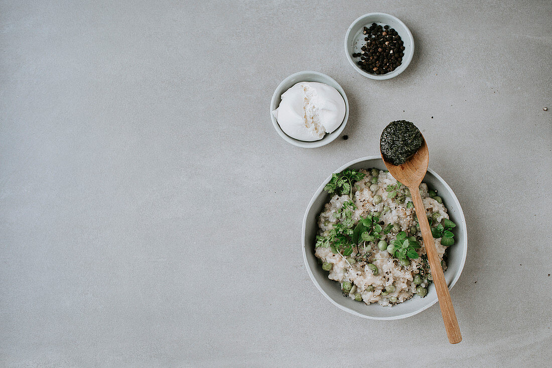 Green risotto with peas and burrata