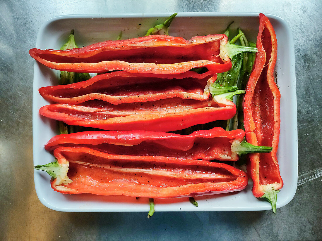 Red pointed peppers, halved