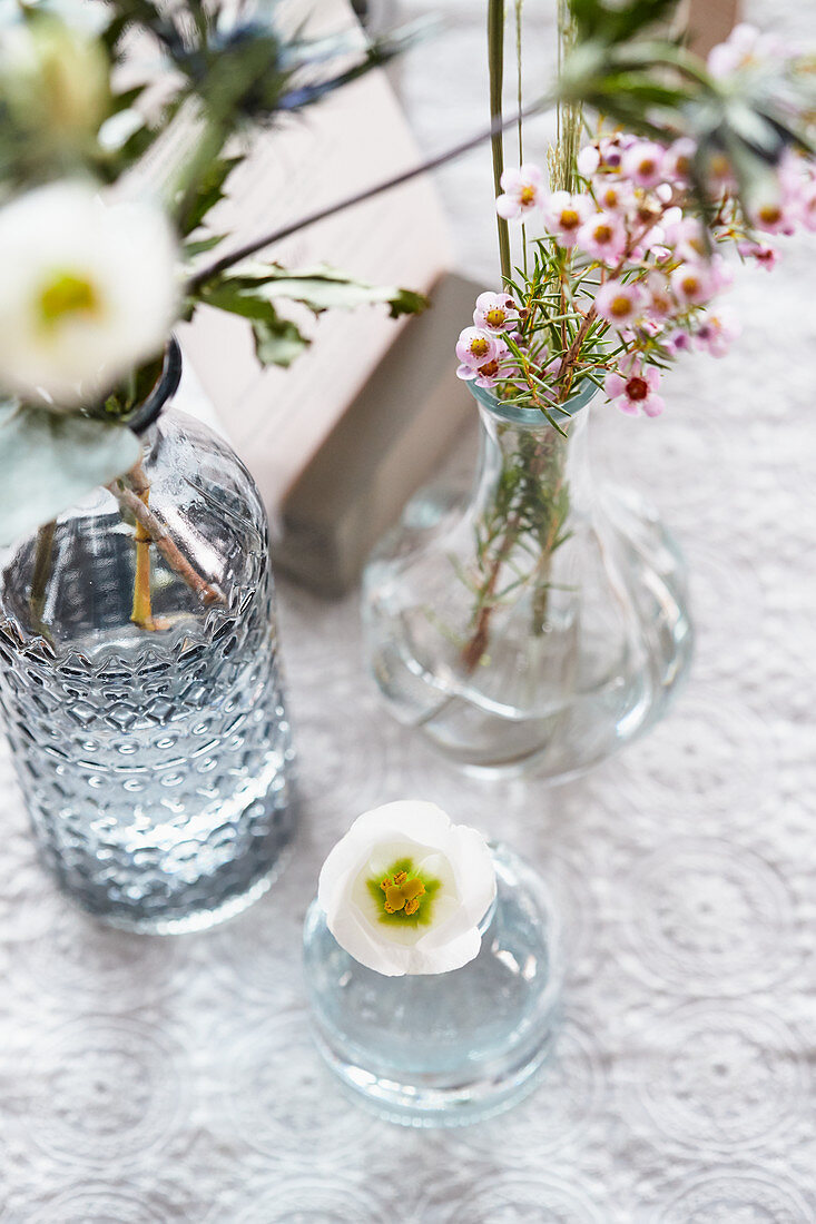 Small arrangement with waxflowers and prairie gentians