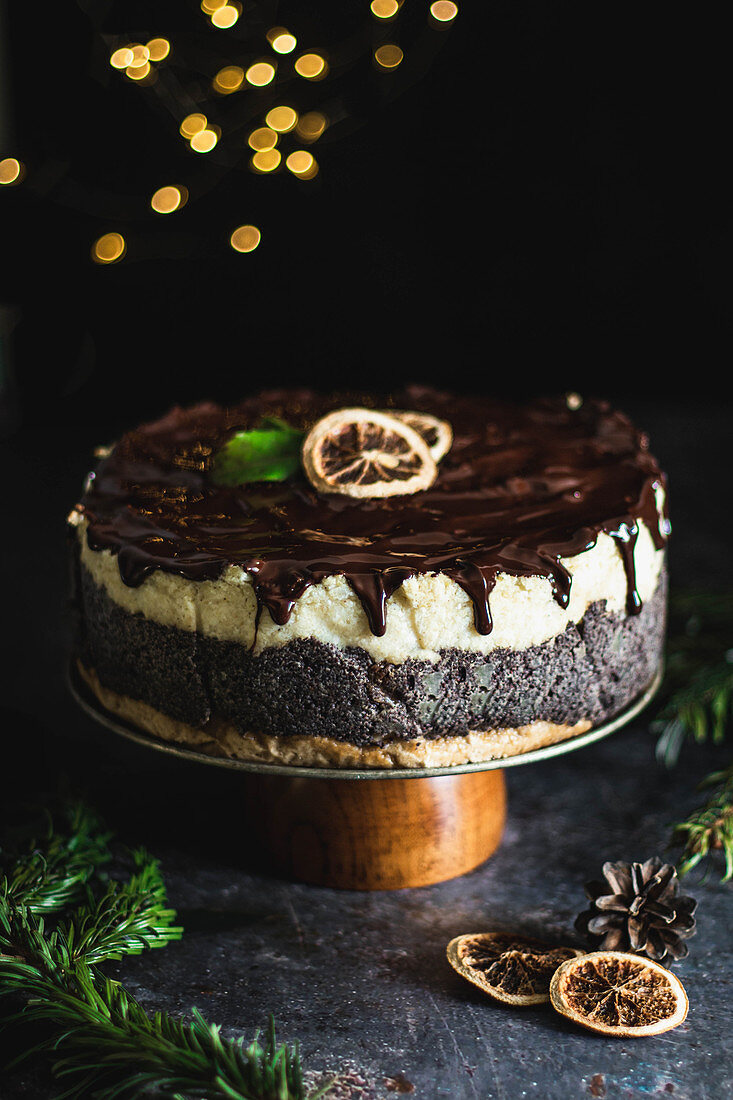 Christmas gluten free cake with poppy seeds and vegan cheese