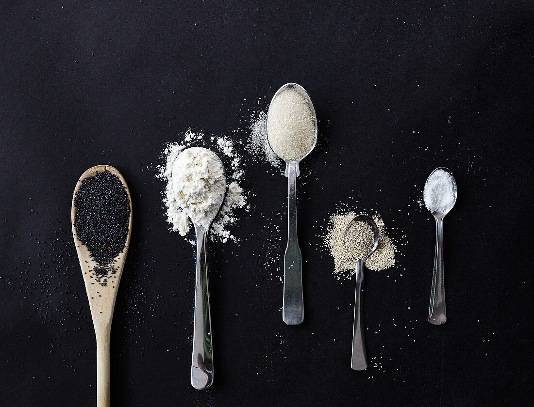 Baking ingredients - poppy seeds, flour, sugar, yeast, salt
