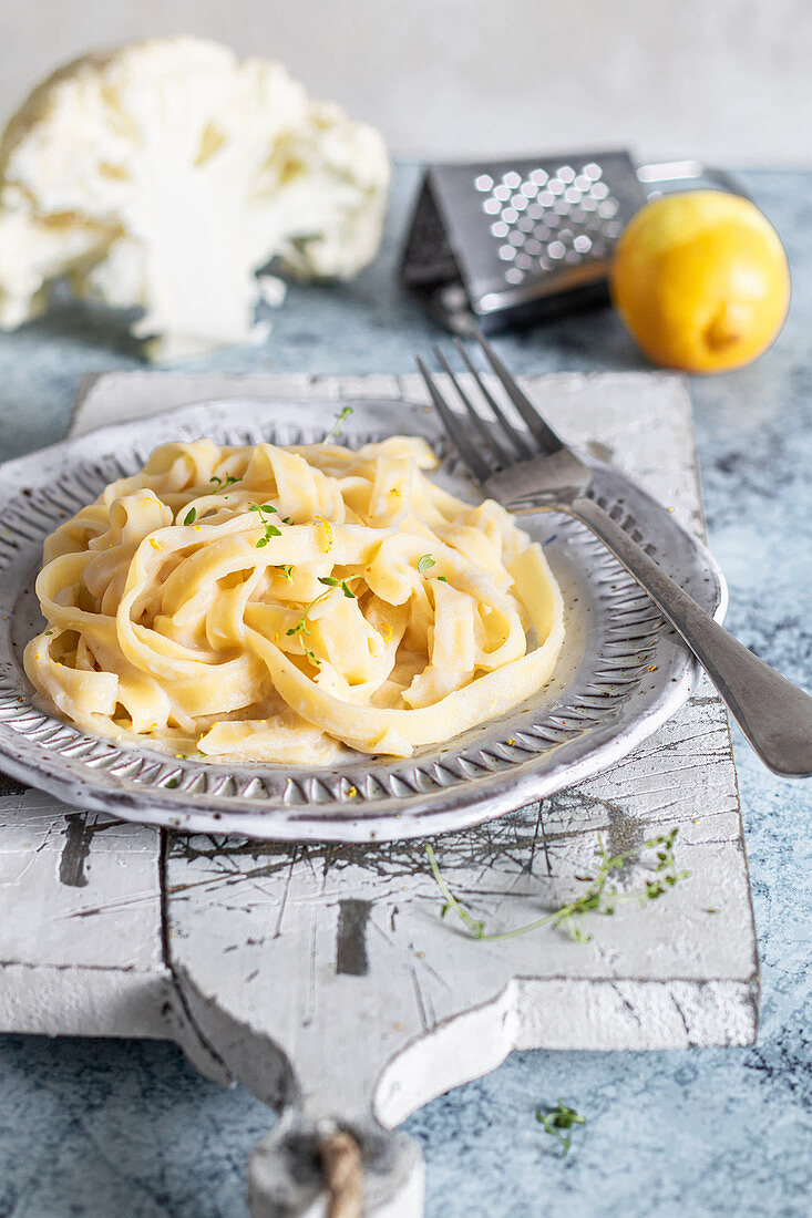 Tagliatelle pasta with cauliflower sauce thyme and lemon