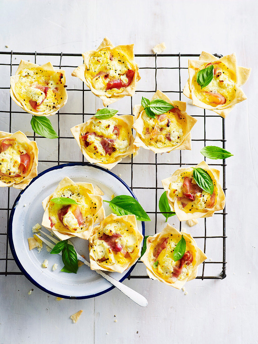 Proscuitto, Persian Fetta and Basil Tarts