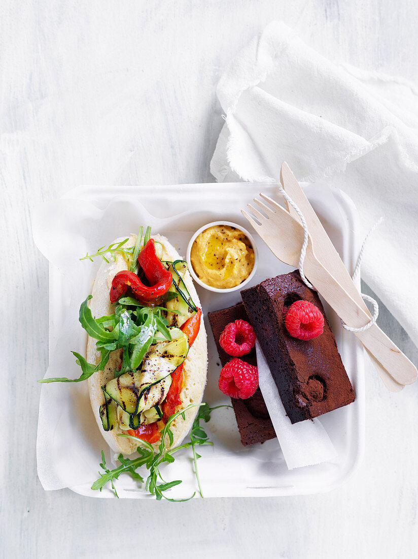 Char-grilled Vegetables and Pumpkin Dip Rolls and Raspberry Cake