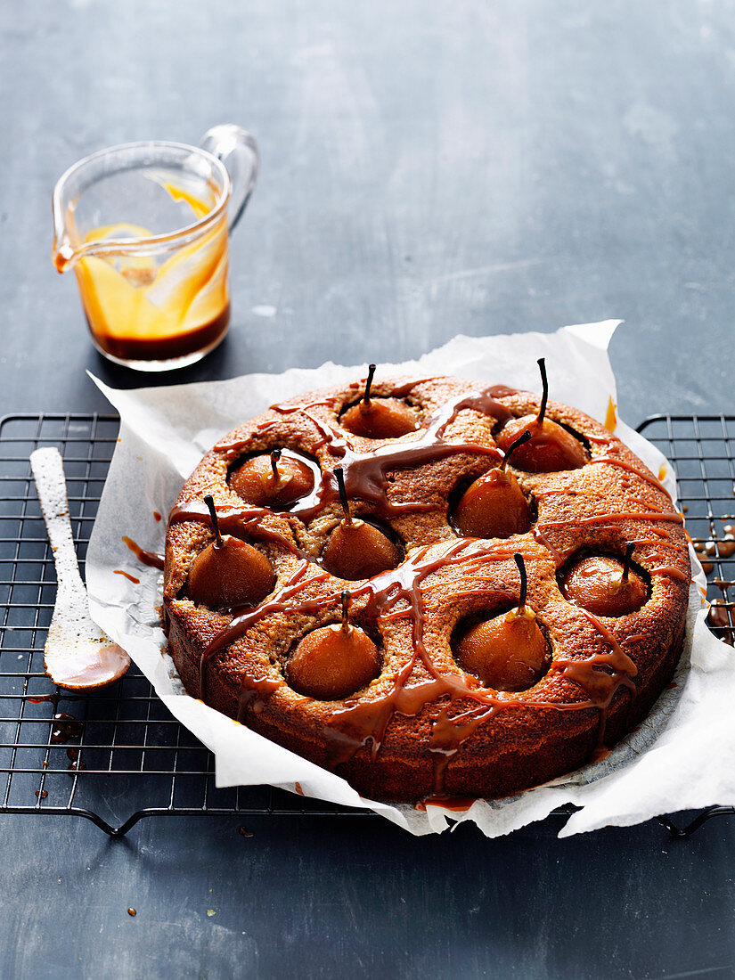 Spiced Poached Pear Cake with Toffee Sauce