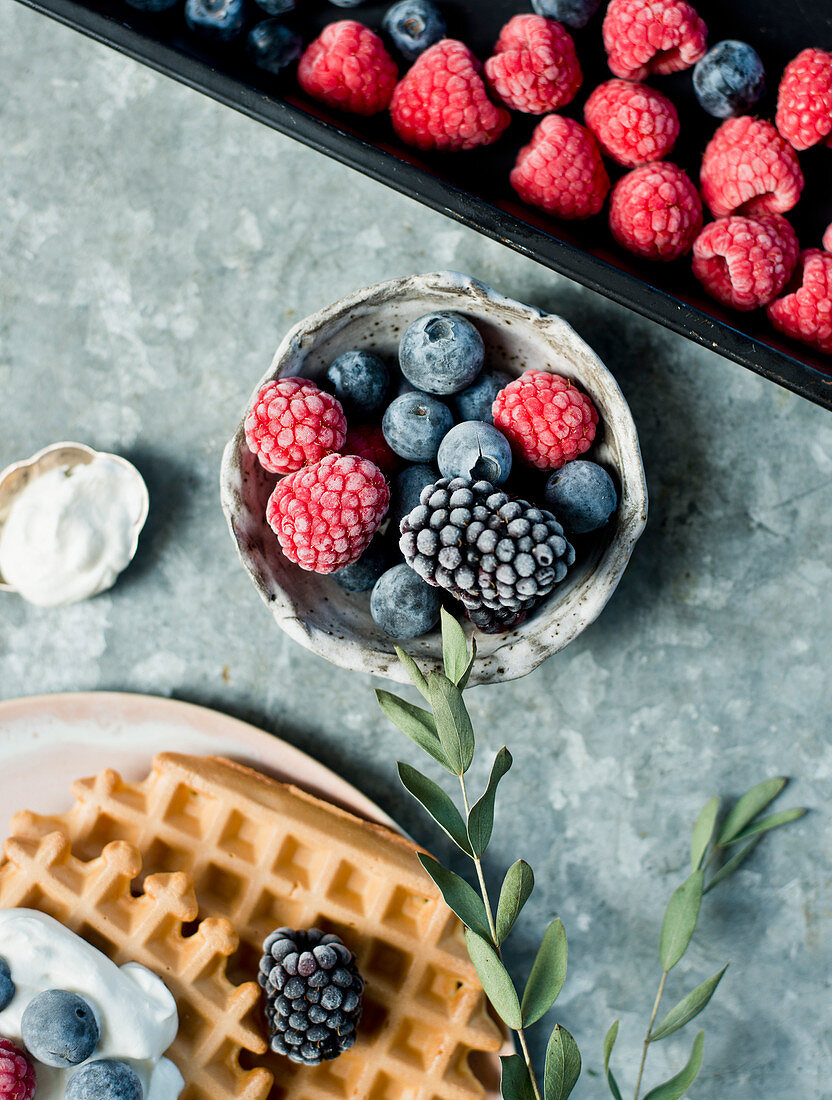 Frozen berries and waffles