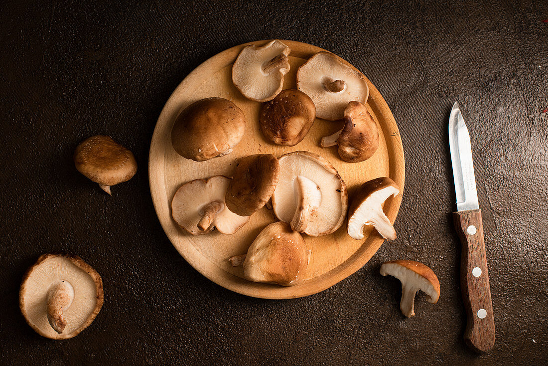 Shitake mushroom on wood plate