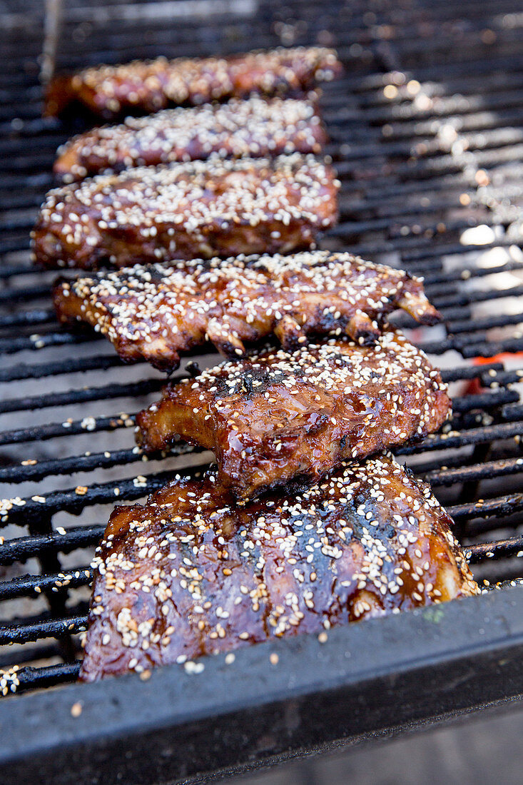 Glazed grilled spare ribs on a grill rack