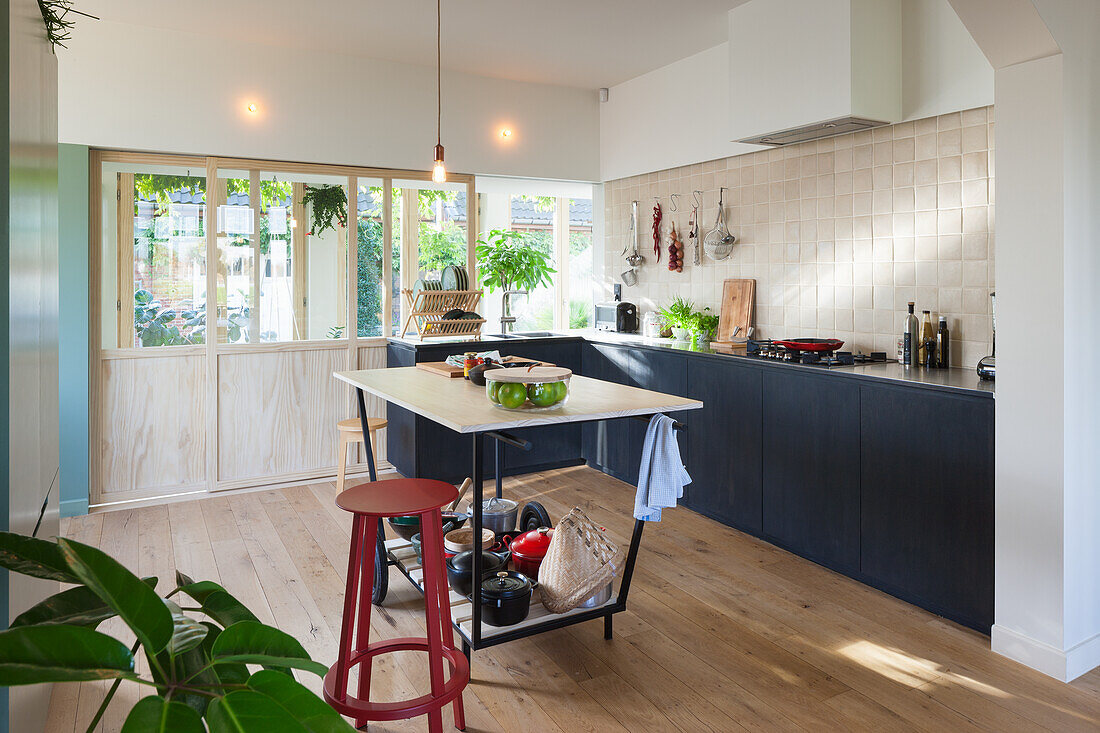 Kitchen with island, black cupboards and wooden floor