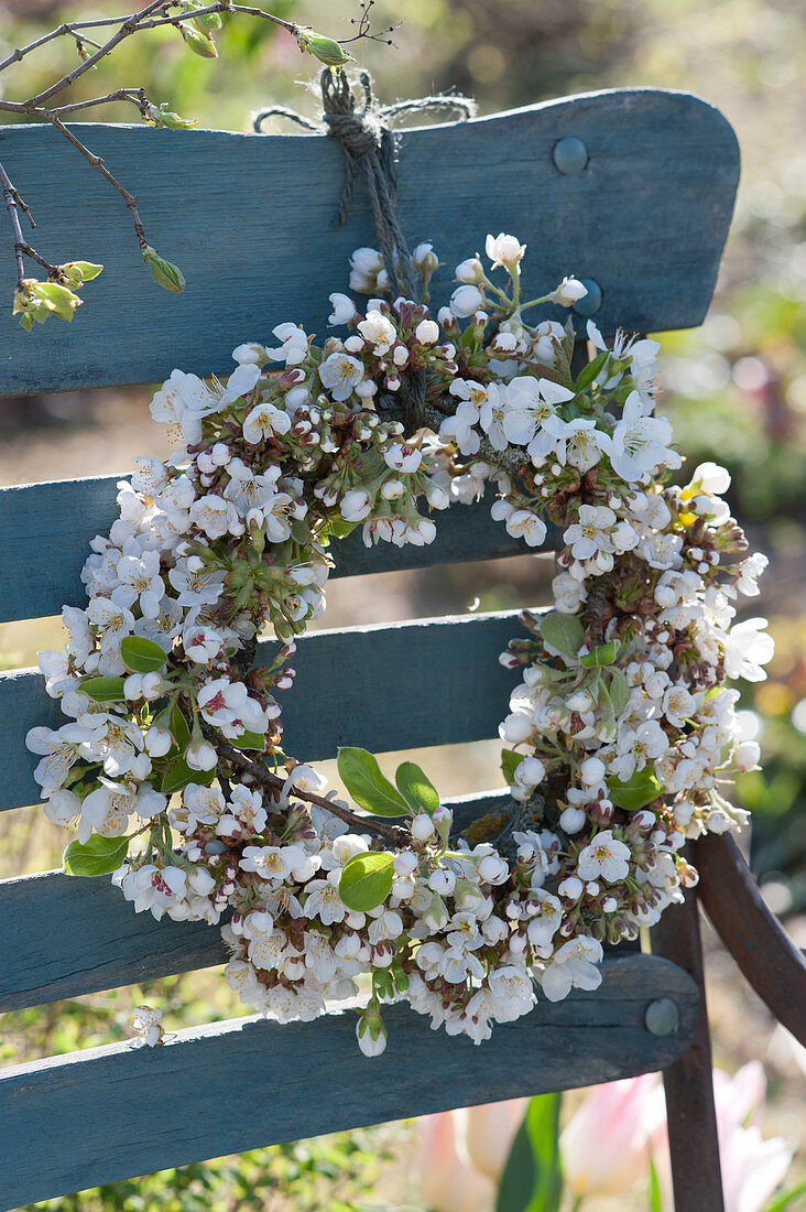 Wreath of blossom branches from the crabapple on the back of the chair