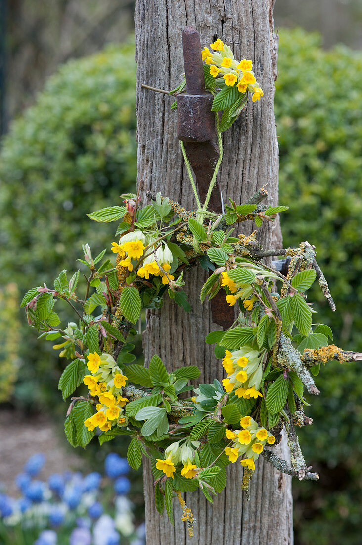 Wreath of hornbeam and cowslips hung on old posts