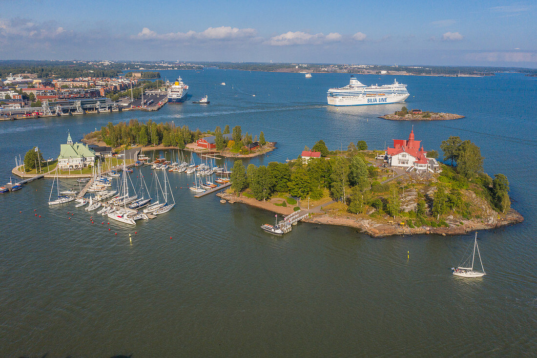 Islands, boats and a cruise ship off the coast of Helsinki, Finland